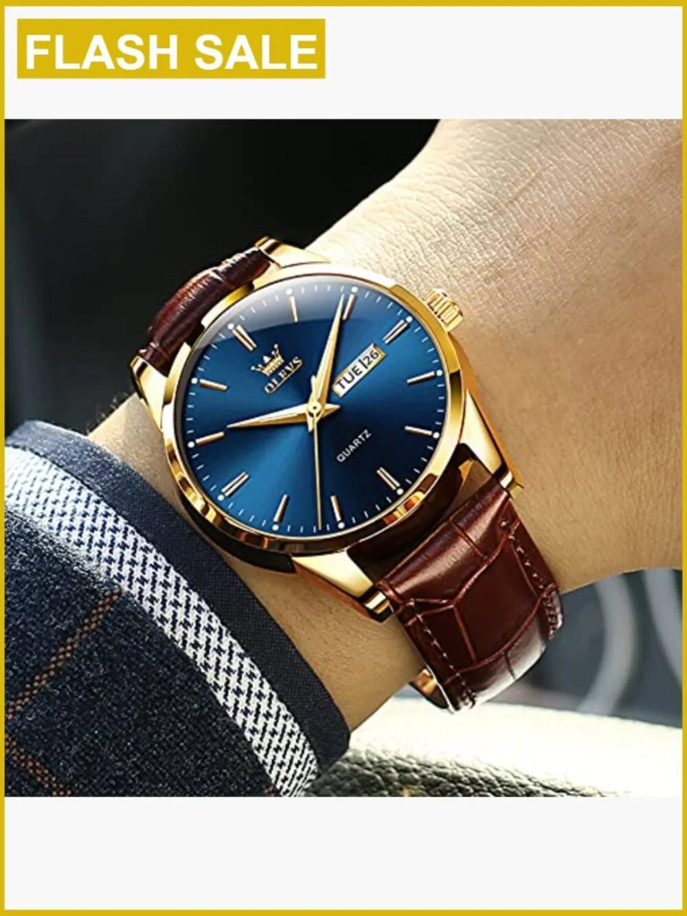 Mens Dress Watch Brown Leather Band Quartz Waterproof Gold Case 38MM Day Date